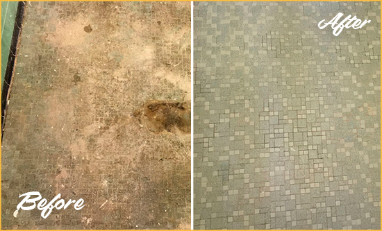 Before and After Picture of a Limestone Creek Mosaic Shower Cleaned to Eliminate Embedded Dirt