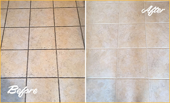 Before and After Picture of a South Palm Beach Ceramic Floor Cleaned to Remove Soil