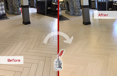 Before and After Picture of Lobby Tile Floor Cleaned and Sealed to Remove Embedded Grime
