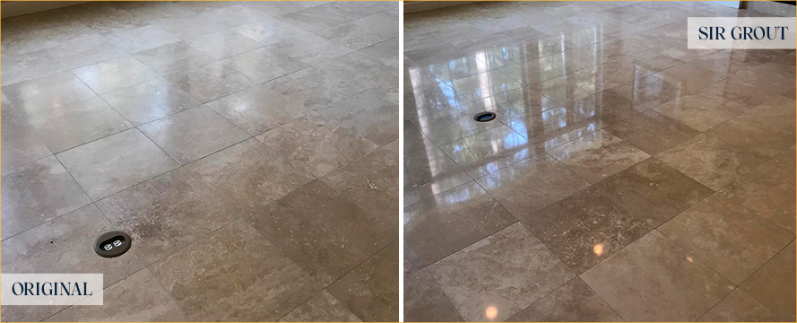 Travertine Floor Before and After a Stone Cleaning in Riviera Beach, FL 