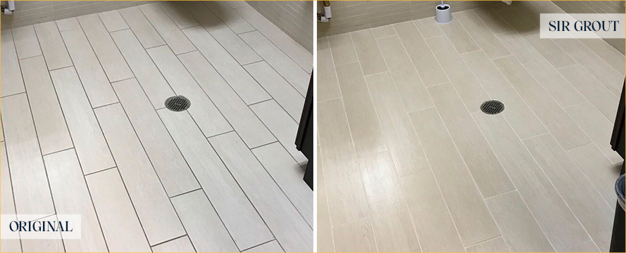 Restroom Floor Before and After a Grout Cleaning in Stuart, FL