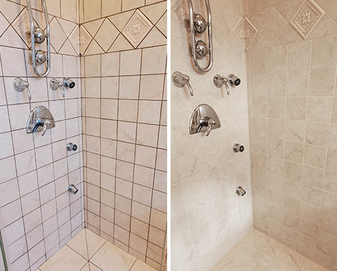 Shower Before and After Our Grout Sealing in Stuart, FL