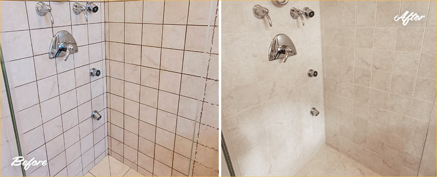 Shower Before and After Our Grout Sealing in Stuart, FL