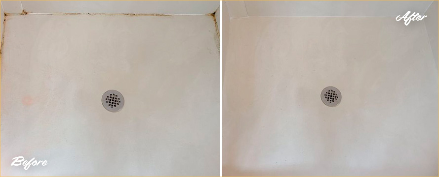 Shower Floor Before and After Our Remarkable Caulking Services in Ocean Breeze, FL