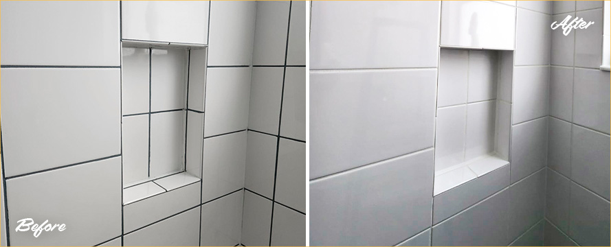Shower Before and After a Professional Grout Recoloring in Jupiter, FL