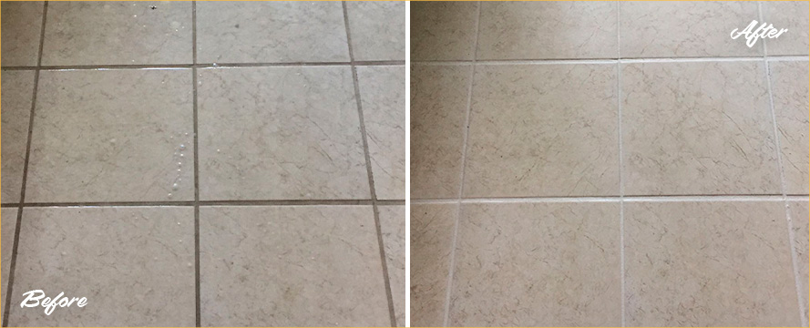 Kitchen Floor Before and After a Grout Cleaning in Boynyon Beach, FL