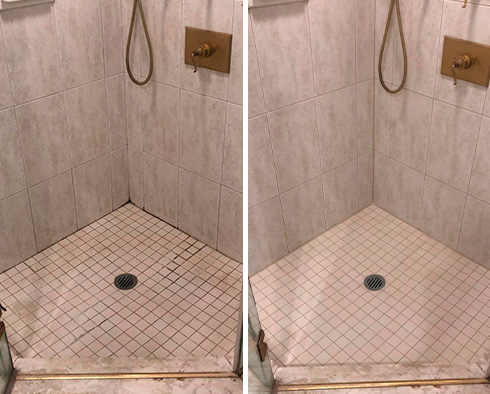 Tile Shower Before and After a Grout Cleaning in North Palm Beach