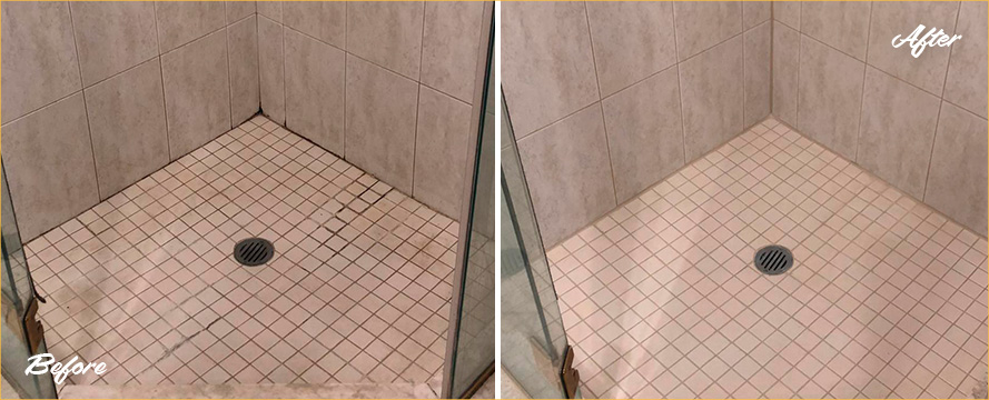 Tile Shower Before and After a Grout Cleaning in North Palm Beach