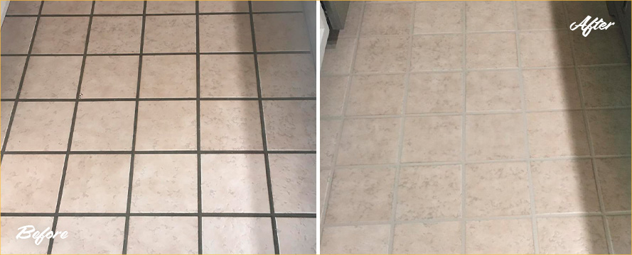 Kitchen Floor Before and After a Grout Cleaning in Palm Beach, FL