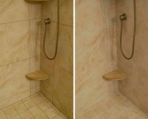 Shower Before and After Our Port Saint Lucie Grout Recoloring Service