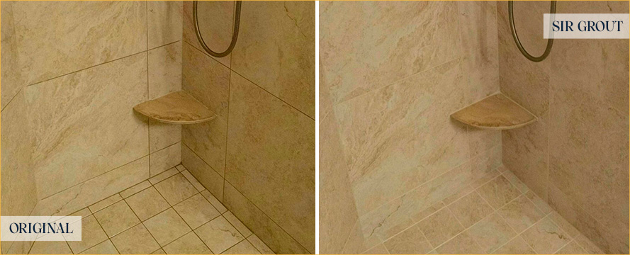 Shower Before and After Our Port Saint Lucie Grout Recoloring Service