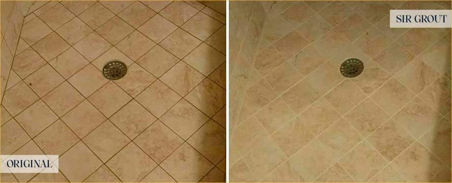 Shower Tiles Before and After Our Port Saint Lucie Grout Recoloring Service