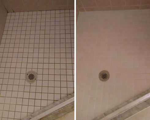 Shower Floor Before and After Our Riviera Beach Grout Cleaning