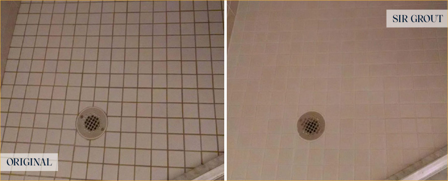 Shower Floor Before and After Our Riviera Beach Grout Cleaning