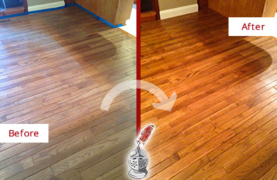 Before and After Picture of a Ocean Breeze Wood Sand Free Refinishing Service on a Dull Floor to Recover Its Sheen