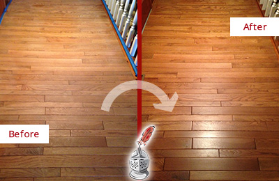 Before and After Picture of a Highland Beach Wood Sand Free Refinishing Service on a Dull Hallway