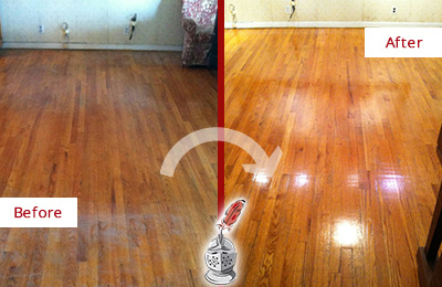 Before and After Picture of a Gulf Stream Wood Sand Free Refinishing Service on a Stained Floor