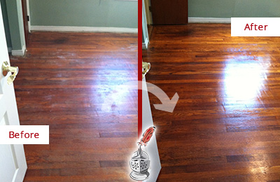 Before and After Picture of a Atlantis Wood Sand Free Refinishing Service on a Dull Floor to Remove Stains