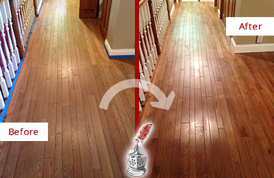 Before and After Picture of a Lake Park Wood Sand Free Refinishing Service on a Worn Out Floor