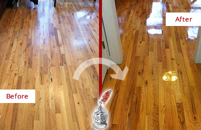 Before and After Picture of a Atlantis Wood Sand Free Refinishing Service on a Worn Out Hallway