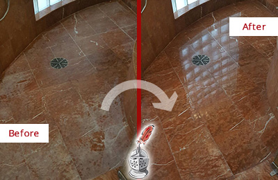 Before and After Picture of a Marble Shower Restored to Eliminate Mineral Deposits