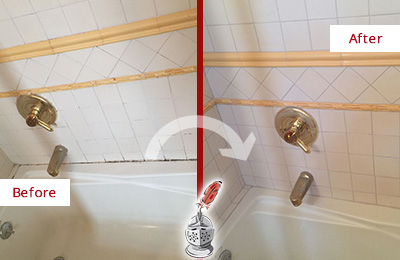 Sir Grout Removed the Mold and Mildew from this Shower with a Tub Caulking Service Before and After Picture of Tub Caulking on a Shower with Mold and Mildew
