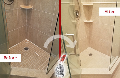 Before and After Picture of a Grout Recaulking on a Porcelain Tile Shower