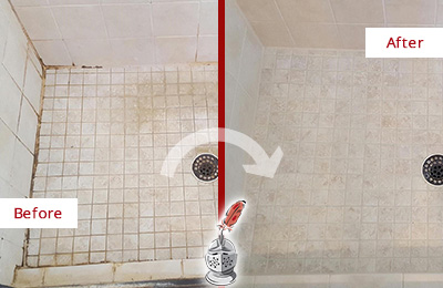 Picture of a Marble Shower Before and After a Tile Caulking