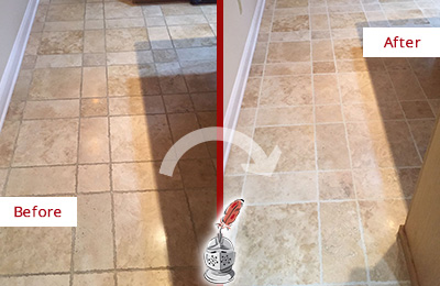 Before and After Picture of Dirty Kitchen Tumbled Travertine Floor Honed and Polished to Recover its Sheen 
