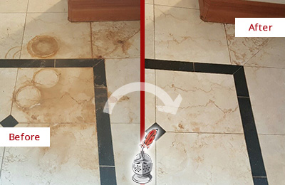 Before and After Picture of a Marble Floor Cleaned and Sealed to Remove Rust Stains