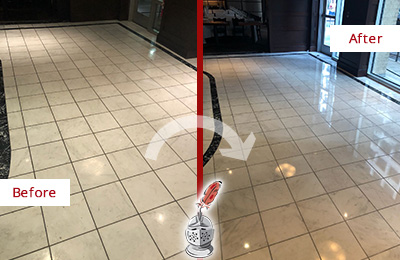 Sir Grout of Jupiter Stone Services Help Maintain, Clean, and Polish Building Lobbies and Commercial Offices Stone Surfaces Picture of a Building Marble Entrance Floor Before and After Stone Restoration, Cleaning and Polishing