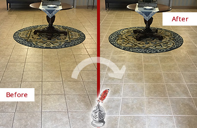 Before and After of a Grout Sealing in a Lobby Tile Floor