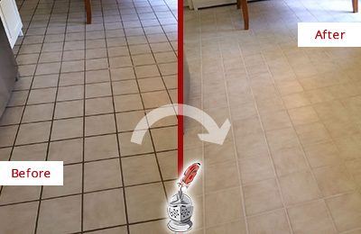 Before and After Picture of a Highland Beach Kitchen Tile and Grout Cleaned to Remove Embedded Dirt