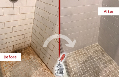 Before and After Picture of a Wellington Shower Tile and Grout Cleaned to Eliminate Mold and Stains