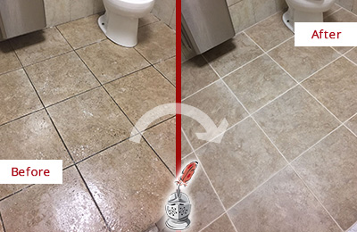 Sir Grout Cleans this Lantana Restroom Tile and Grout to Remove Soil Before and After Picture of a Lantana Restroom Tile and Grout Cleaned to Remove Soil