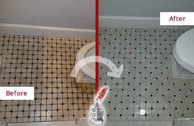 Before and After Picture of a Gulf Stream Bathroom Tile and Grout Cleaned to Remove Stains