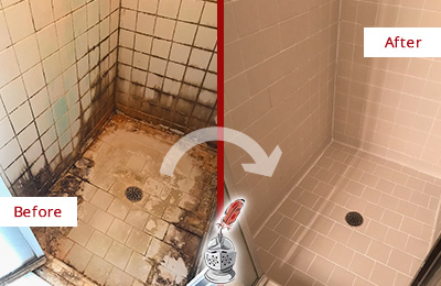 Before and After Picture of a Ocean Breeze Shower Tile and Grout Cleaned to Repair Water Damage