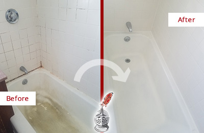 Before and After Picture of a Royal Palm Beach Bathtub Caulked to Repair Cracks
