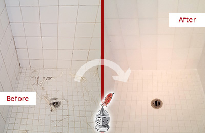 Before and After Picture of a Boynton Beach Bathroom Re-Caulked To Repair Damaged Caulking