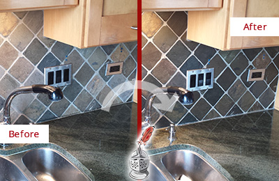 Before and After Picture of a Lake Park Backsplash Caulked to Fix and Prevent Water Leaks
