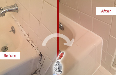 Before and After Picture of a Atlantis Bathroom Sink Caulked to Fix a DIY Proyect Gone Wrong
