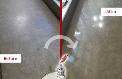 Before and After Picture of a Dull Greenacres Limestone Countertop Polished to Recover Its Color