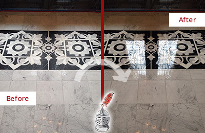 Before and After Picture of a Hypoluxo Marble Stone Floor Polished to a Mirror Shine