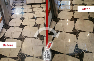 Sir Grout Polishes this Dull Atlantis Marble Stone Floor To Recover Its Luster Before and After Picture of a Dull Atlantis Marble Stone Floor Polished To Recover Its Luster
