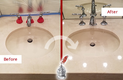 Sir Grout Polishes this Dull Atlantis Marble Stone Vanity Top to Bring-Back Its Sheen Before and After Picture of a Dull Atlantis Marble Stone Vanity Top Polished to Bring-Back Its Sheen