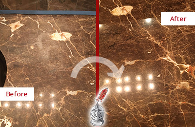 Before and After Picture of a Gulf Stream Marble Stone Countertop Polished to Eliminate Stains