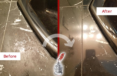 Before and After Picture of a Gulf Stream Marble Countertop Cleaned to Remove Deep Dirt