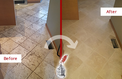 Before and After Picture of a South Palm Beach Kitchen Marble Floor Cleaned to Remove Embedded Dirt
