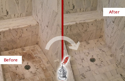 Sir Grout Cleans this Dirty Royal Palm Beach Marble Shower to Eliminate Dark Stains Before and After Picture of a Dirty Royal Palm Beach Marble Shower Cleaned to Eliminate Dark Stains