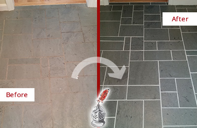 Before and After Picture of a Wellington Slate Floor Cleaned to Remove Deep-Seated Dirt